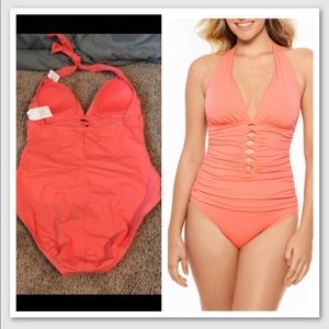 NWT! Time and Tru Women's Orange Honey Shirred Halter One Piece Swimsuit size L